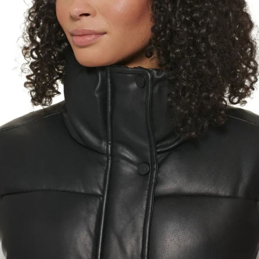 Marc New York Women's L Faux Leather Mock Neck Zip Puffer Vest Pockets Black NWT - Picture 4 of 7